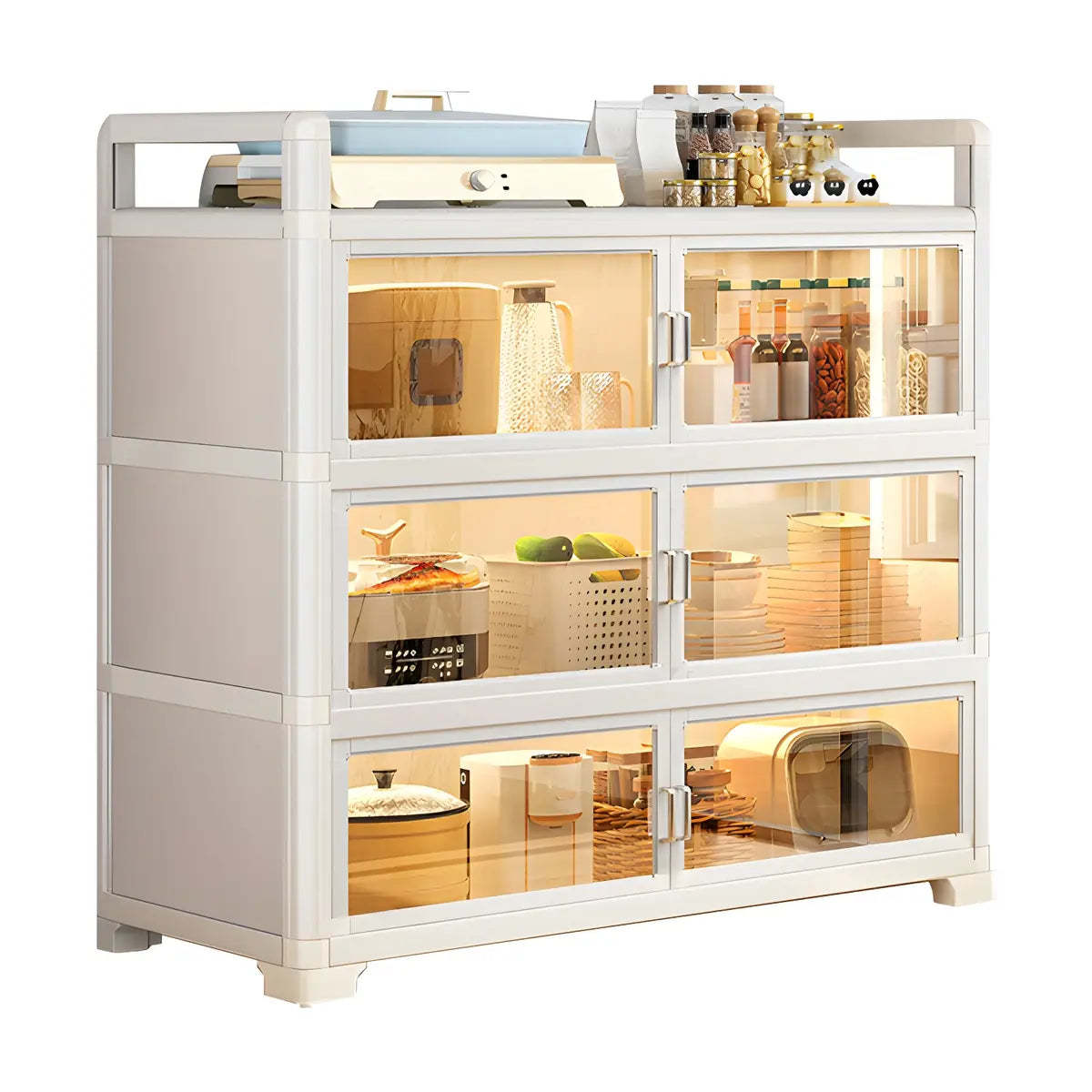 White Glass Shelf Metal Baker's Rack with Cabinets — White