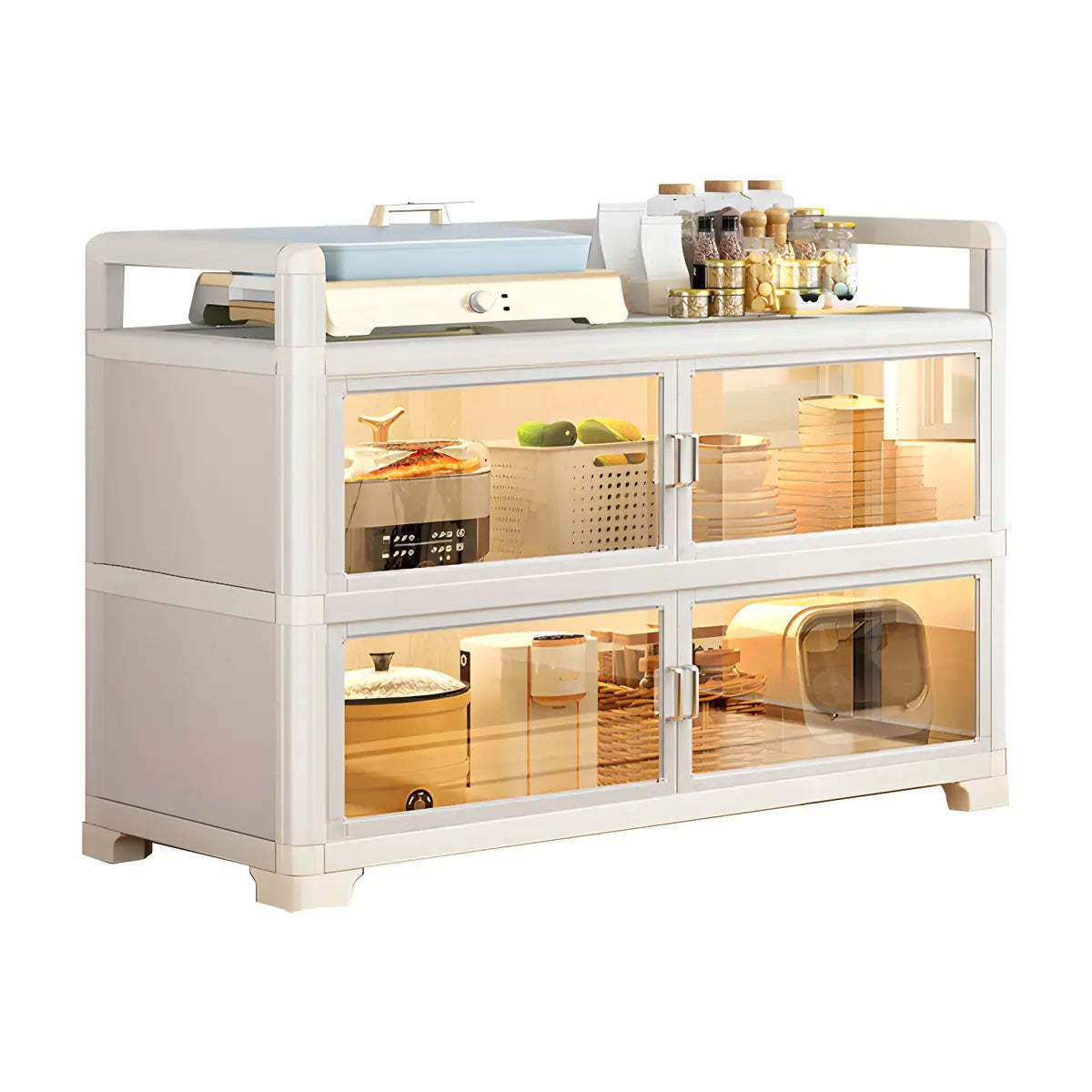 White Glass Shelf Metal Baker's Rack with Cabinets — Black
