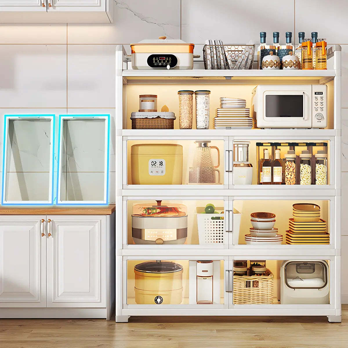 White Glass Shelf Metal Baker's Rack with Cabinets — White