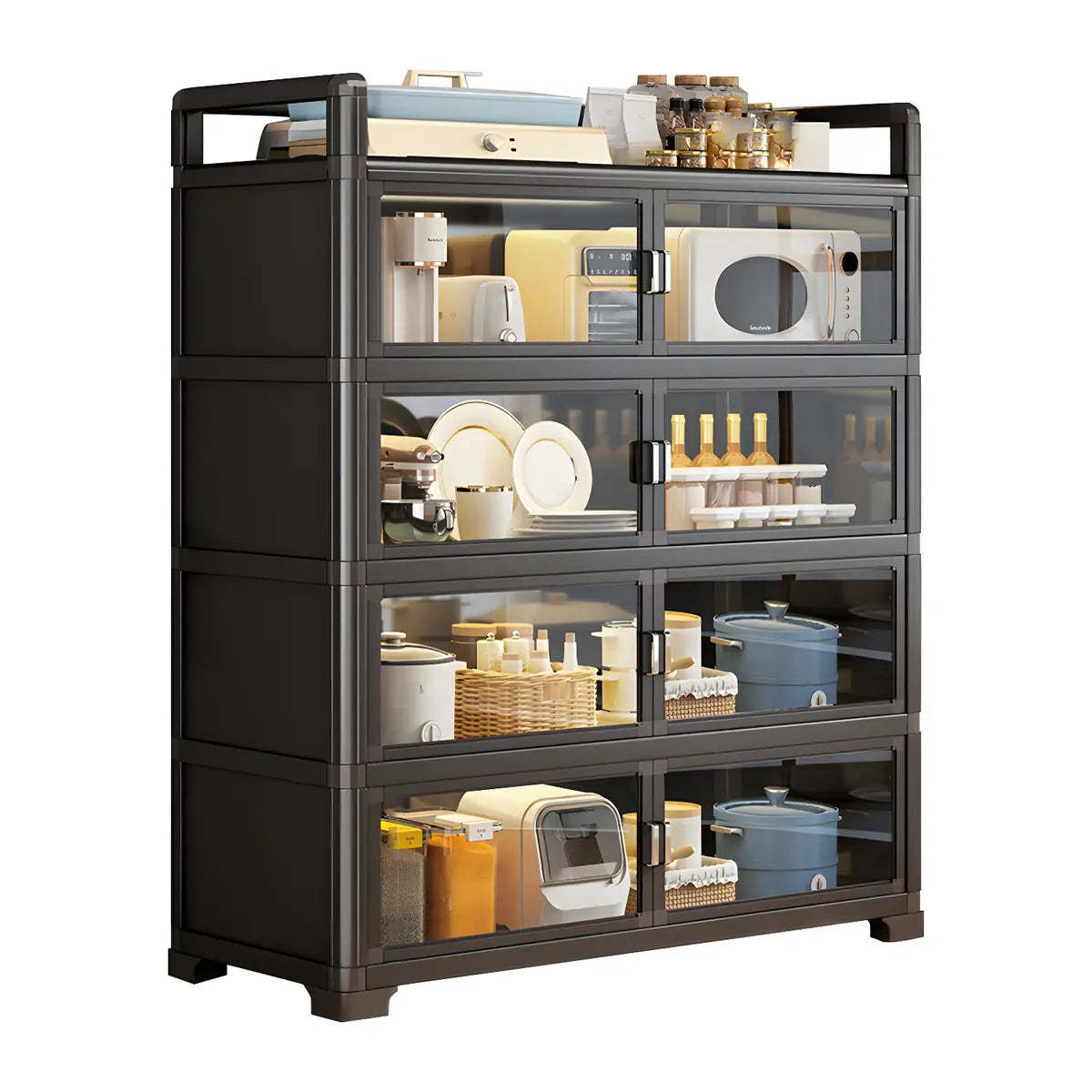 White Glass Shelf Metal Baker's Rack with Cabinets — Black