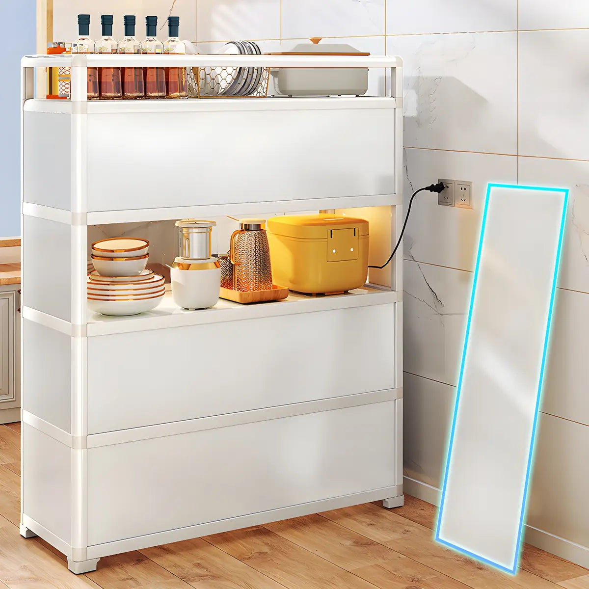White Glass Shelf Metal Baker's Rack with Cabinets — White