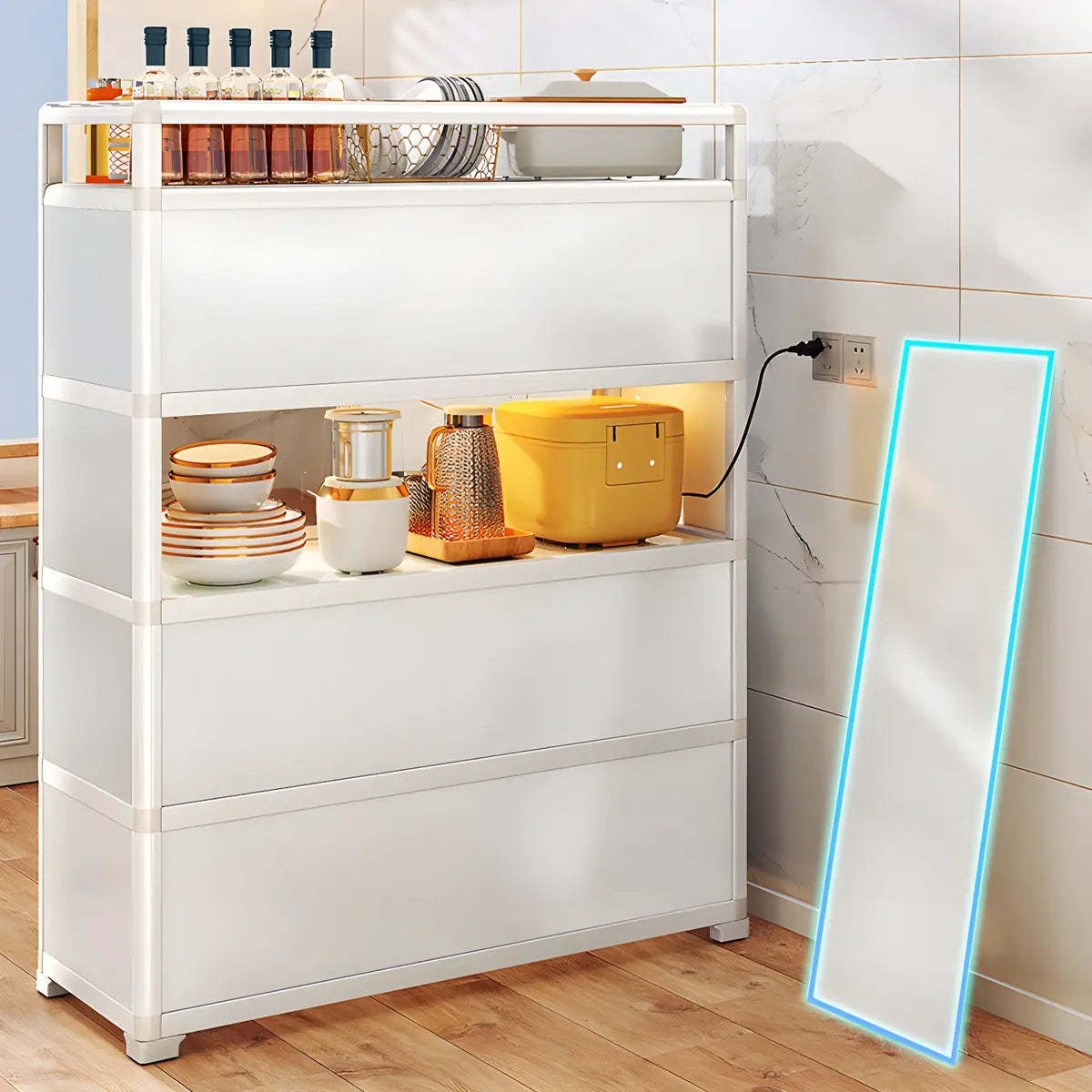 White Glass Shelf Metal Baker's Rack with Cabinets — White
