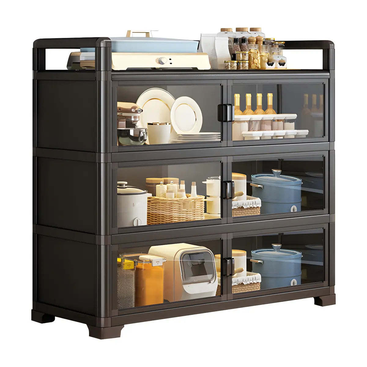 White Glass Shelf Metal Baker's Rack with Cabinets — Black