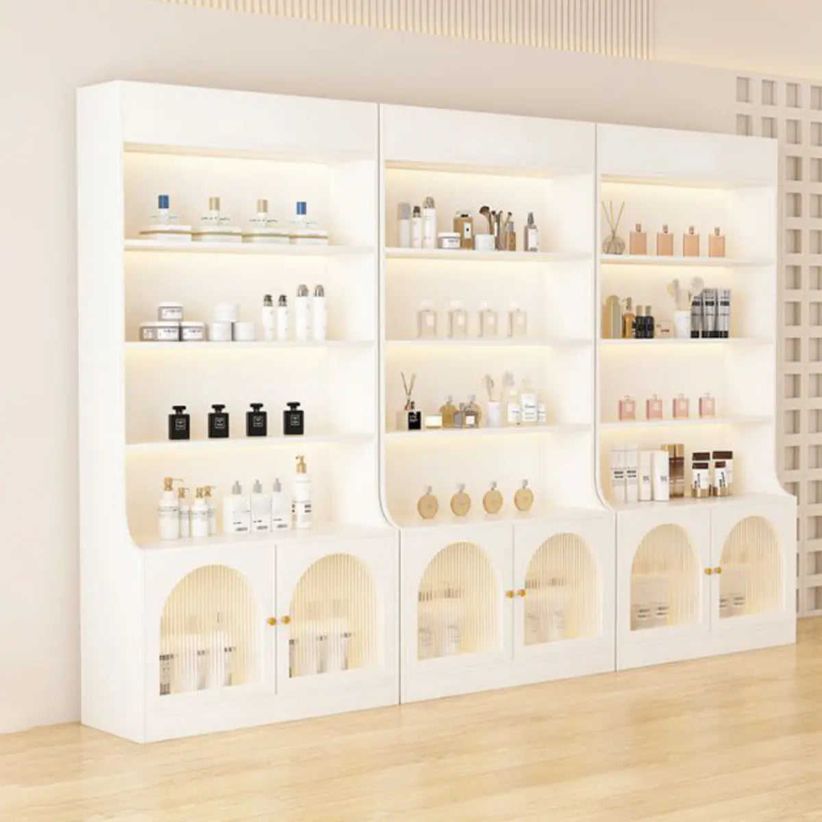 White-Gold Rectangular Faux Wood Display Cabinet — Artificial Wood / White