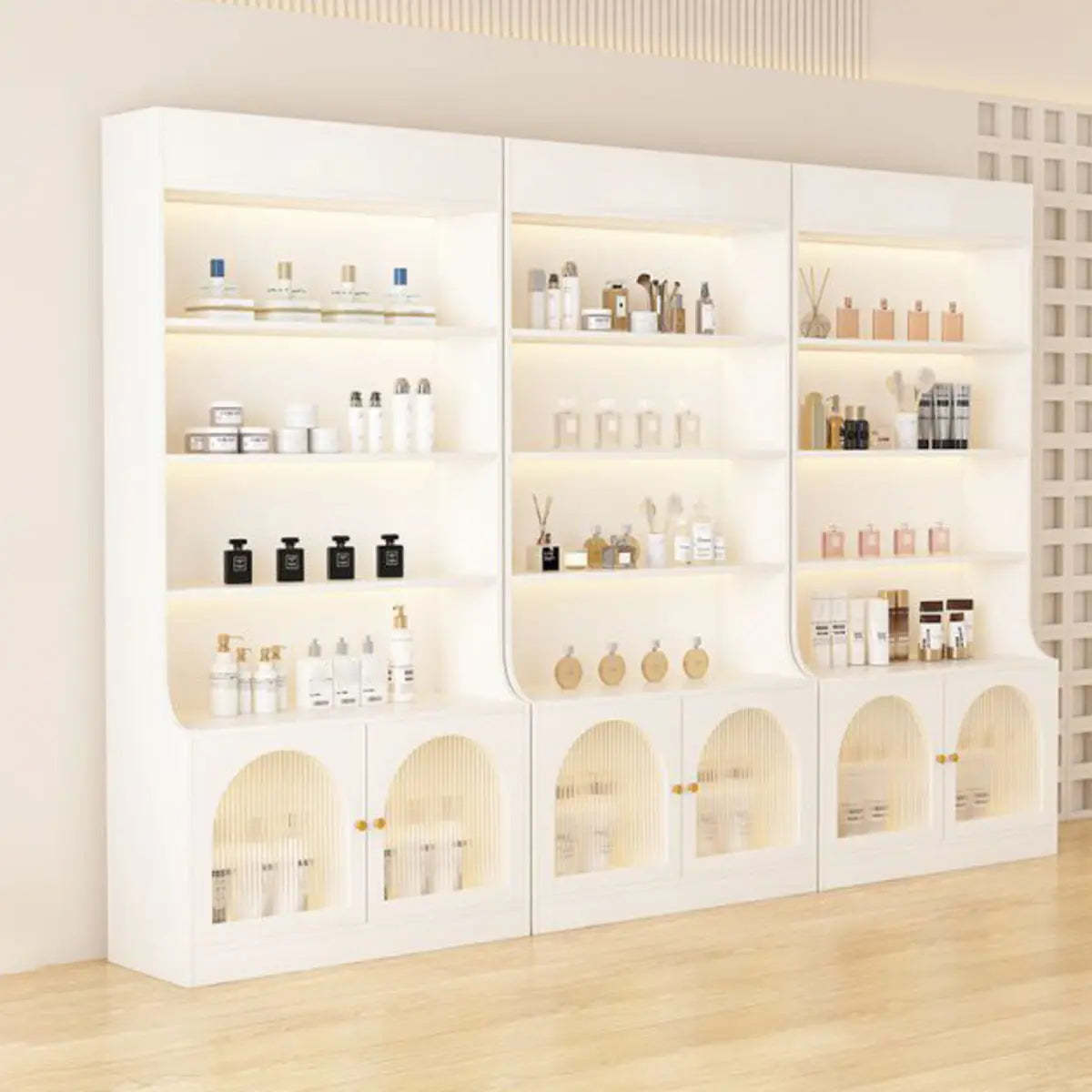 White-Gold Rectangular Faux Wood Display Cabinet — Artificial Wood / White