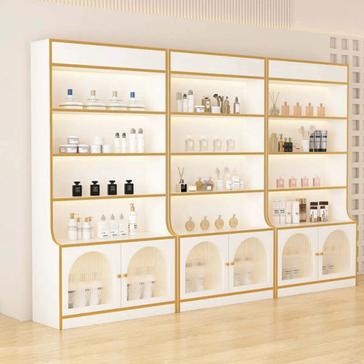 White-Gold Rectangular Faux Wood Display Cabinet — Artificial Wood / White