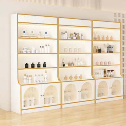 White-Gold Rectangular Faux Wood Display Cabinet — Artificial Wood / White