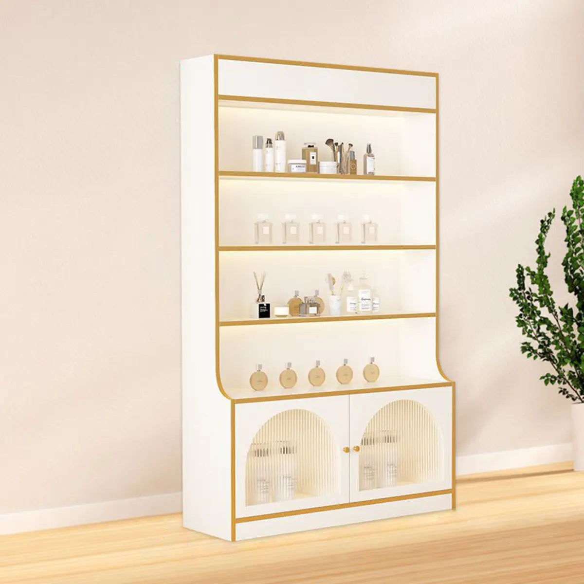 White-Gold Rectangular Faux Wood Display Cabinet — Artificial Wood / White