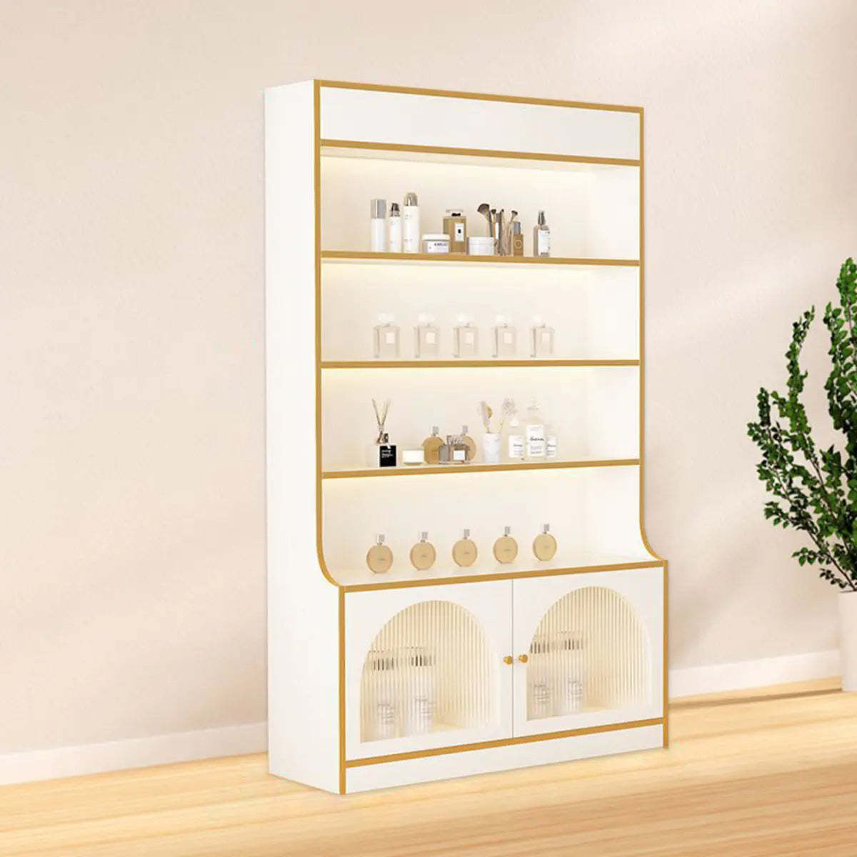White-Gold Rectangular Faux Wood Display Cabinet — Artificial Wood / White