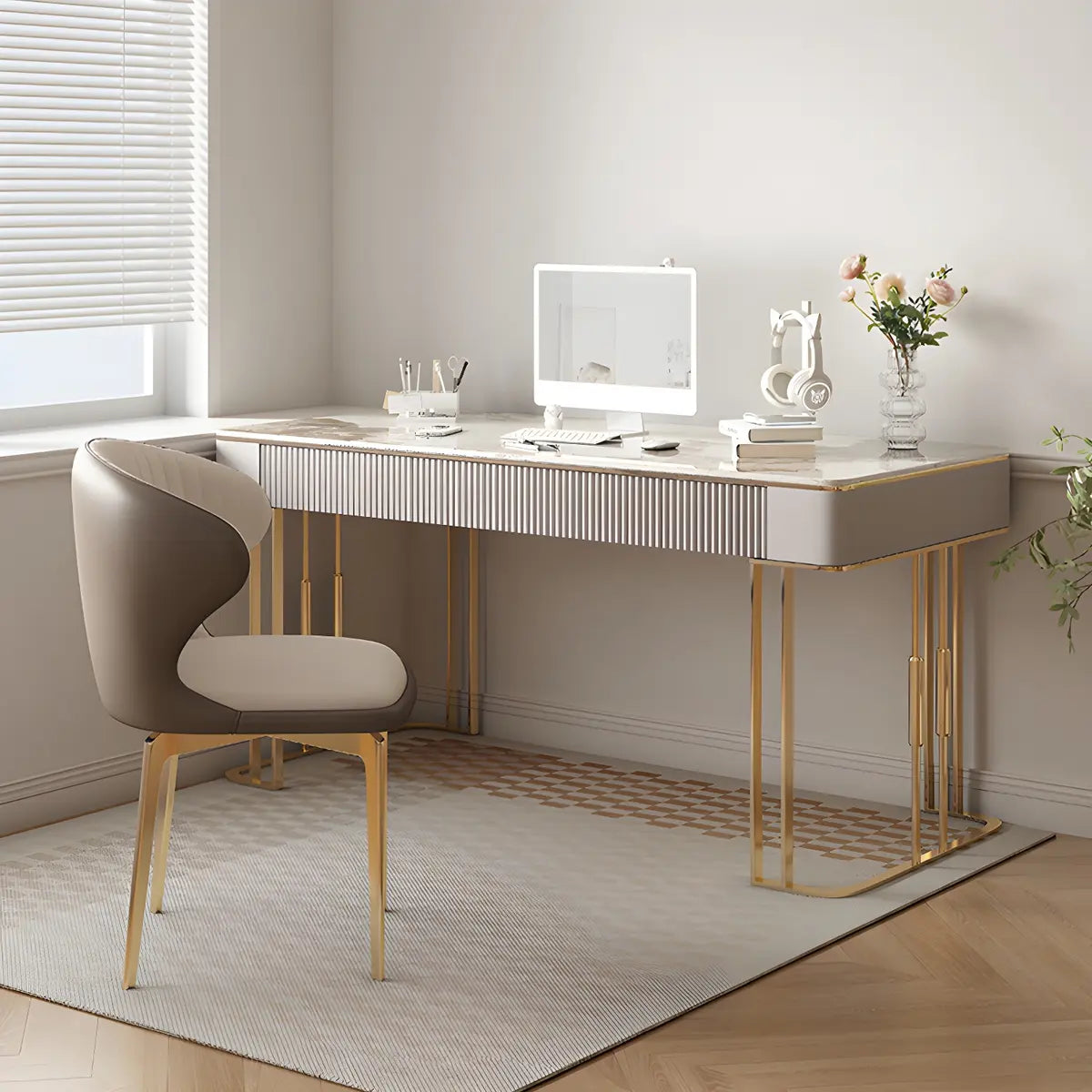 White-Gold Stone Metal Sled Writing Desk