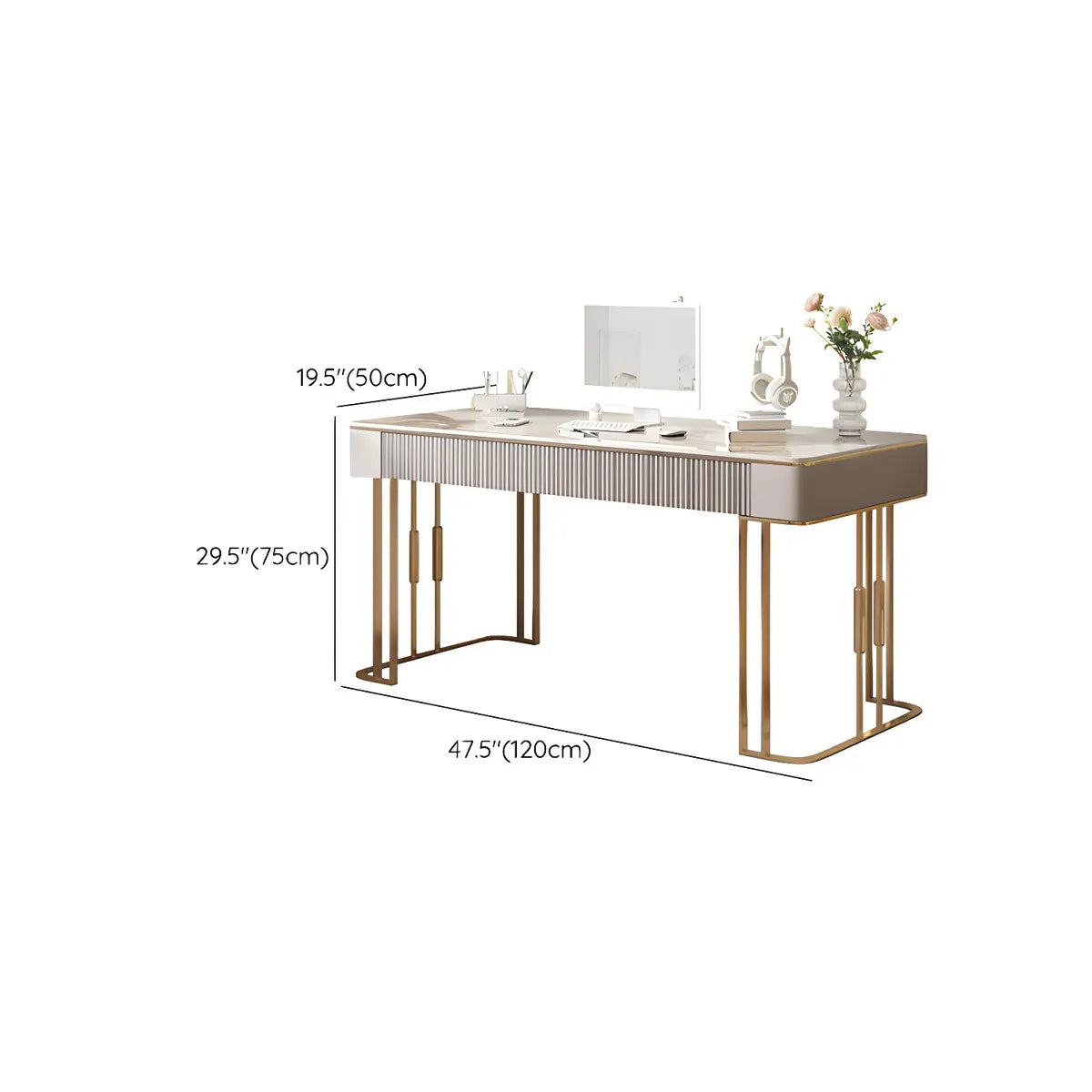 White-Gold Stone Metal Sled Writing Desk