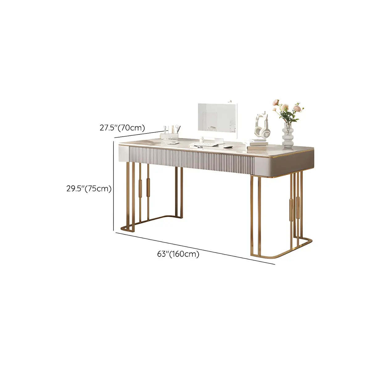 White-Gold Stone Metal Sled Writing Desk