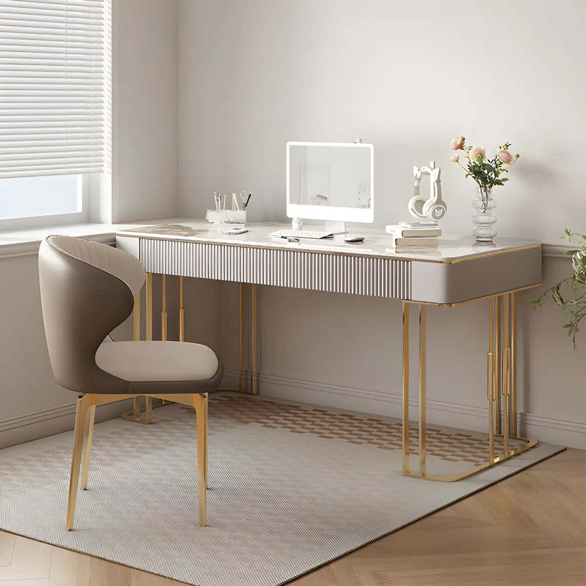 White-Gold Stone Metal Sled Writing Desk — Without Chairs