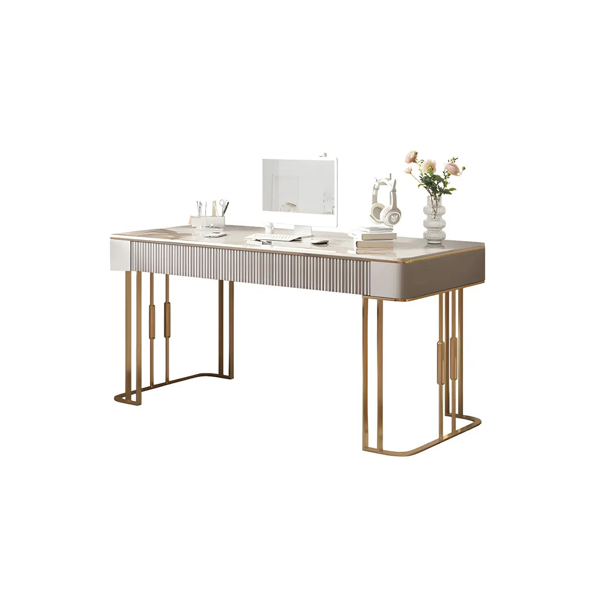 White-Gold Stone Metal Sled Writing Desk — Without Chairs