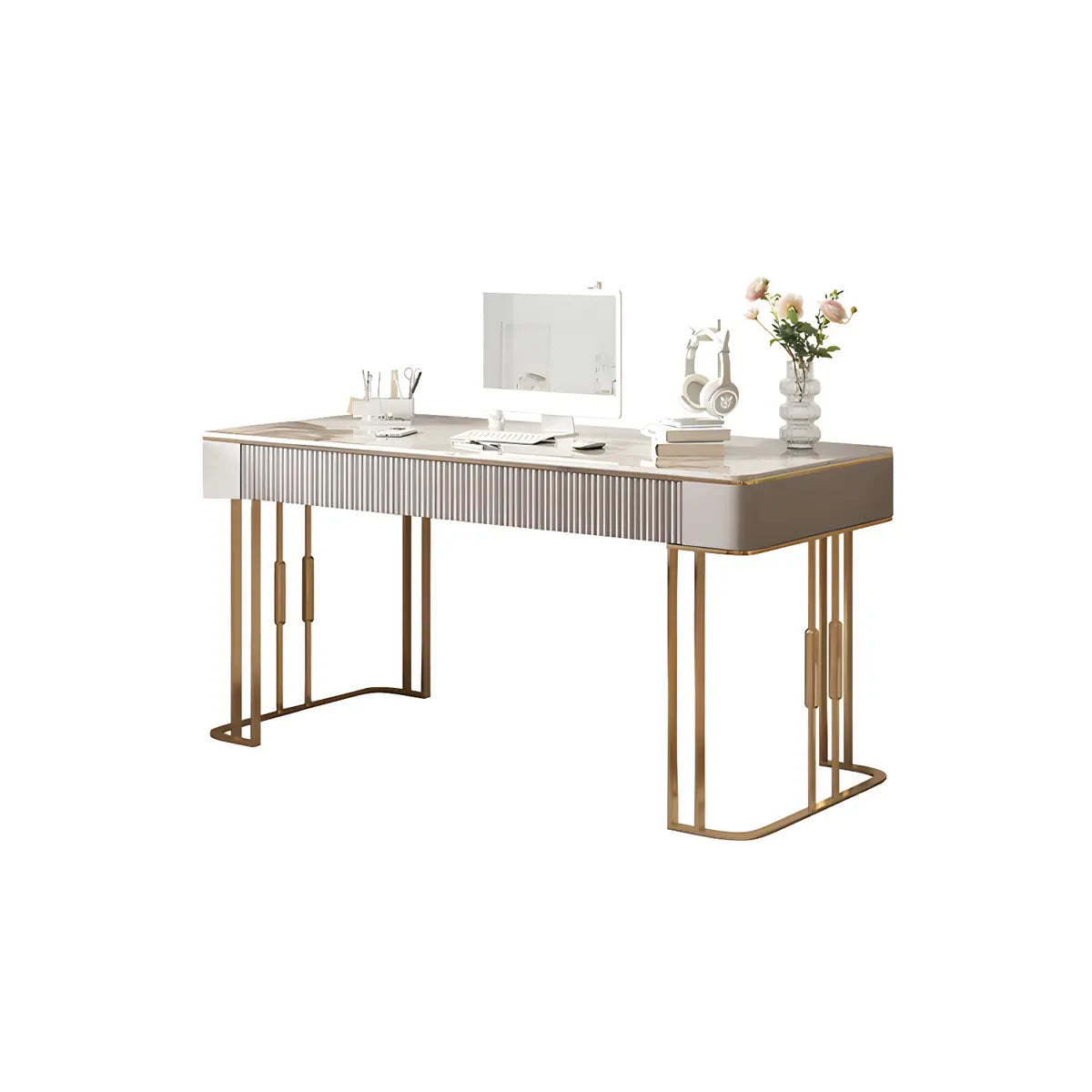 White-Gold Stone Metal Sled Writing Desk — Without Chairs