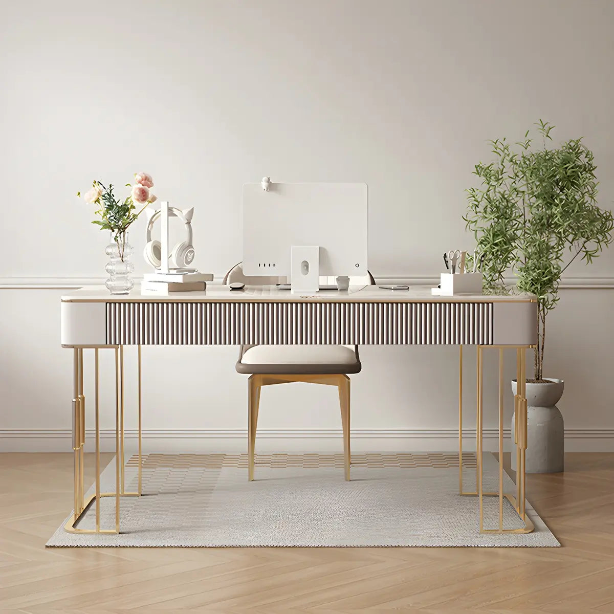 White-Gold Stone Metal Sled Writing Desk — Without Chairs