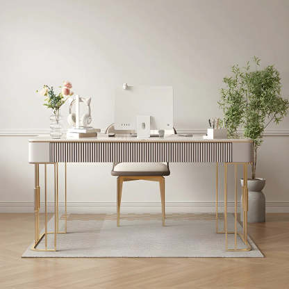 White-Gold Stone Metal Sled Writing Desk — Without Chairs