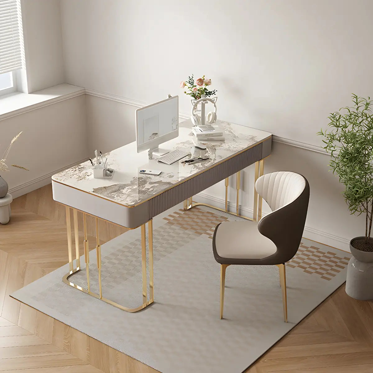 White-Gold Stone Metal Sled Writing Desk — Without Chairs
