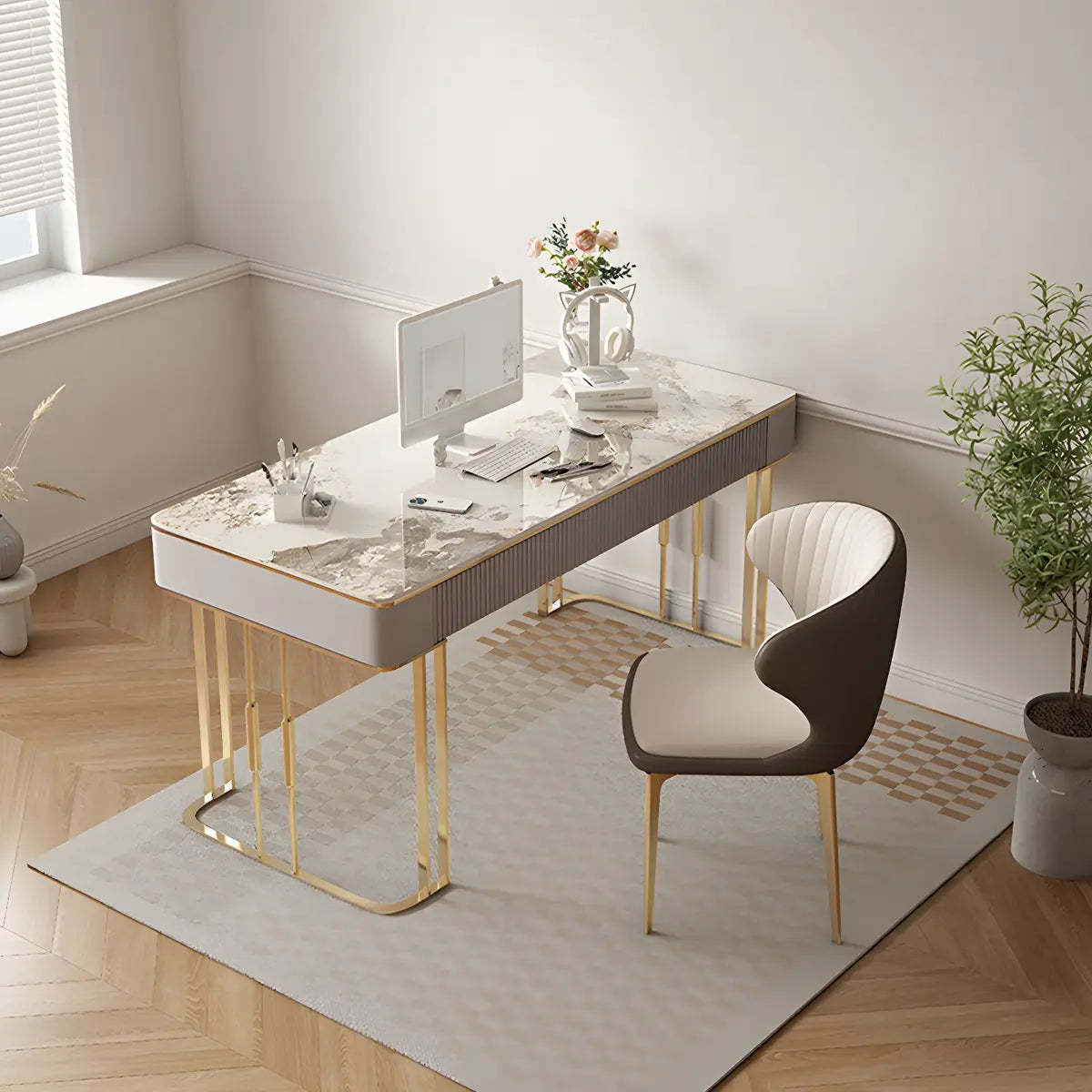 White-Gold Stone Metal Sled Writing Desk — Without Chairs
