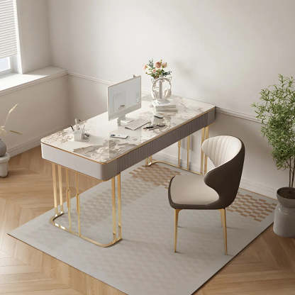 White-Gold Stone Metal Sled Writing Desk — Without Chairs