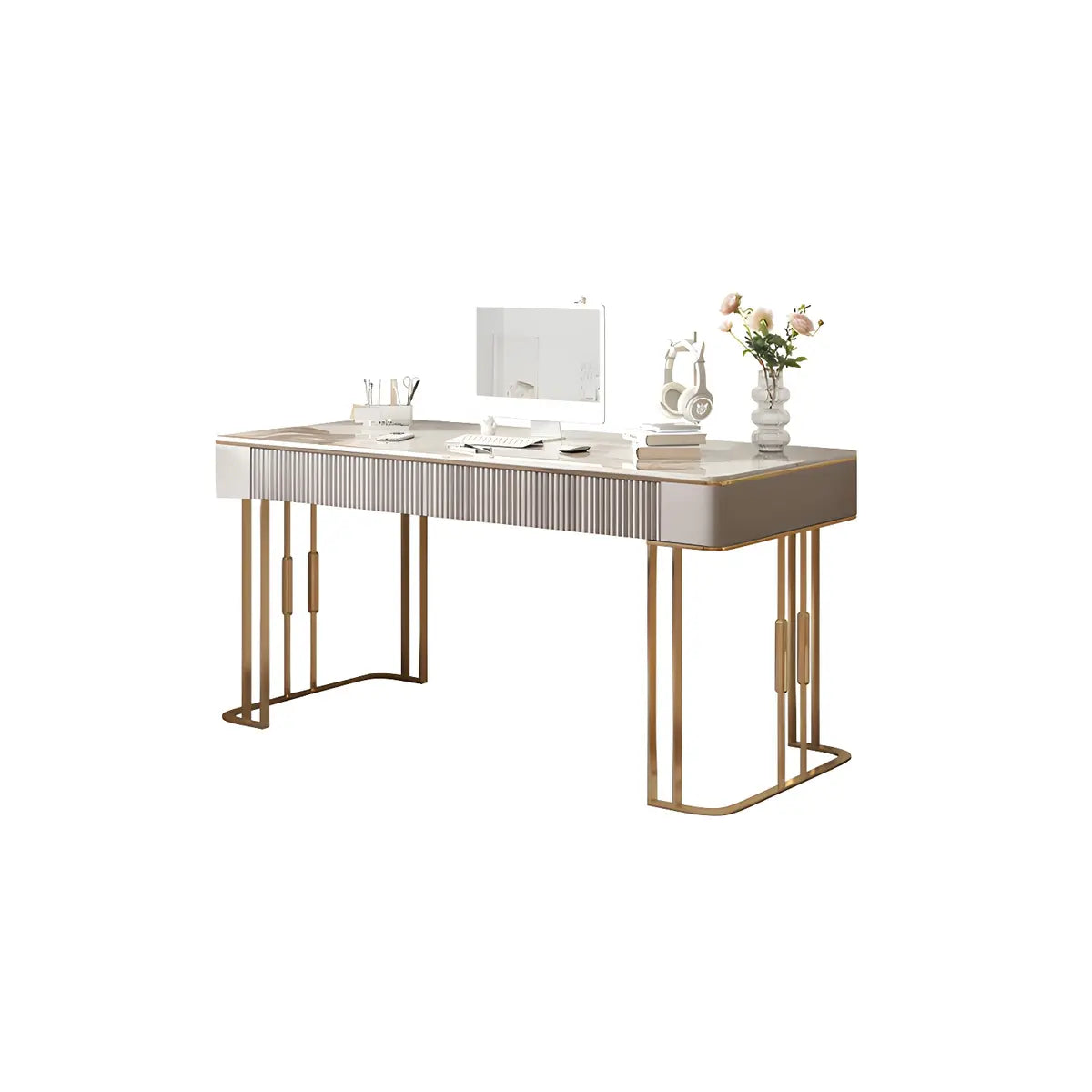White-Gold Stone Metal Sled Writing Desk