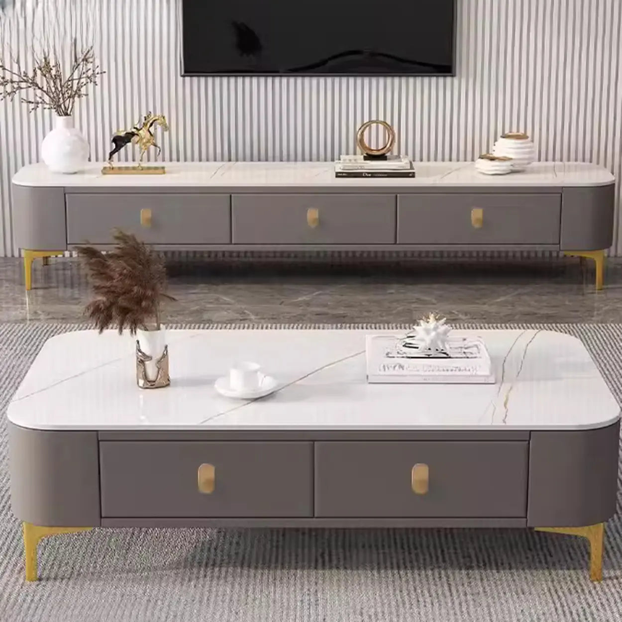 White-Gray Glass Rectangular TV Stand with Drawers