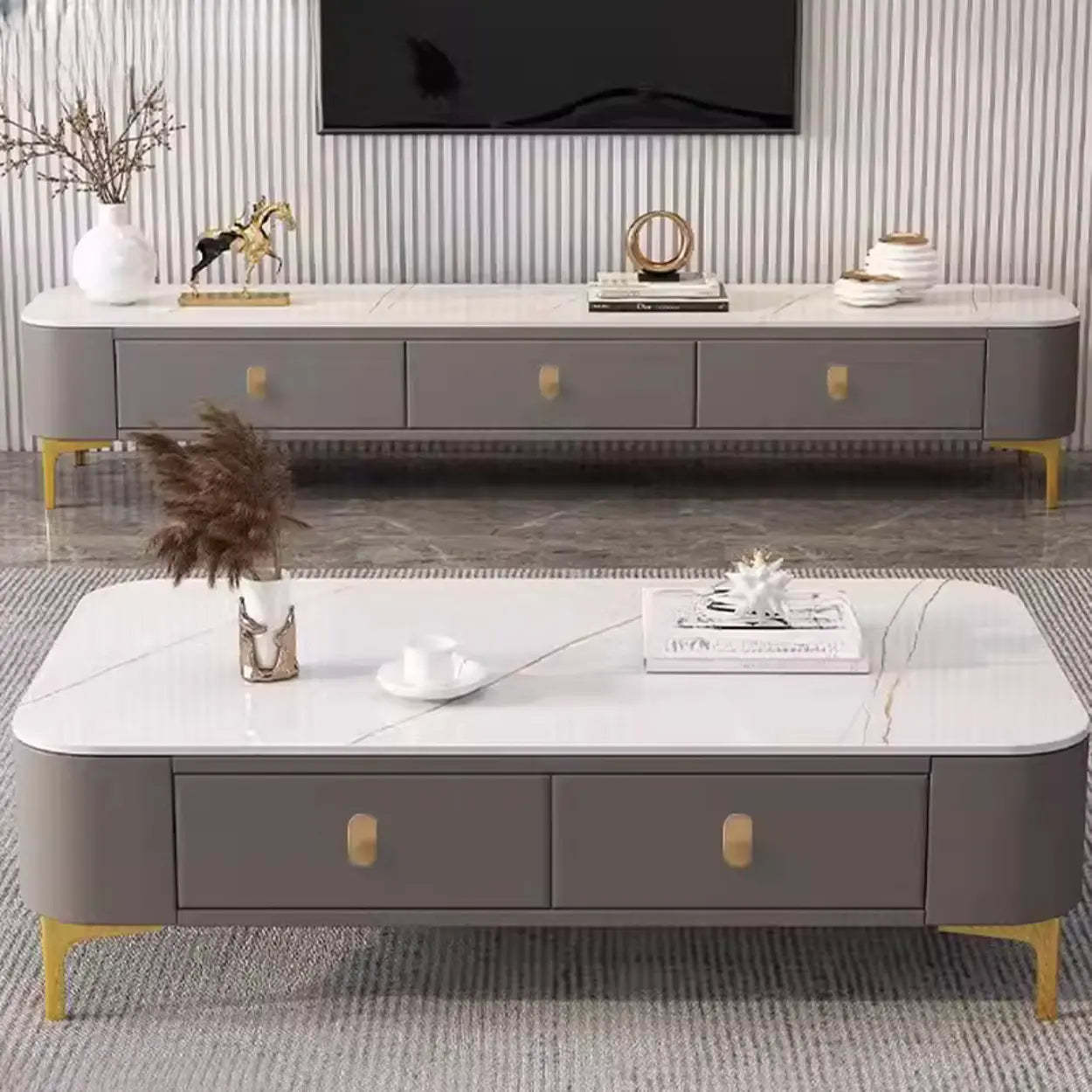 White-Gray Glass Rectangular TV Stand with Drawers — White/Orange