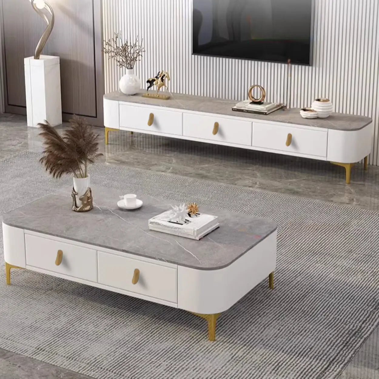 White-Gray Glass Rectangular TV Stand with Drawers — Grey