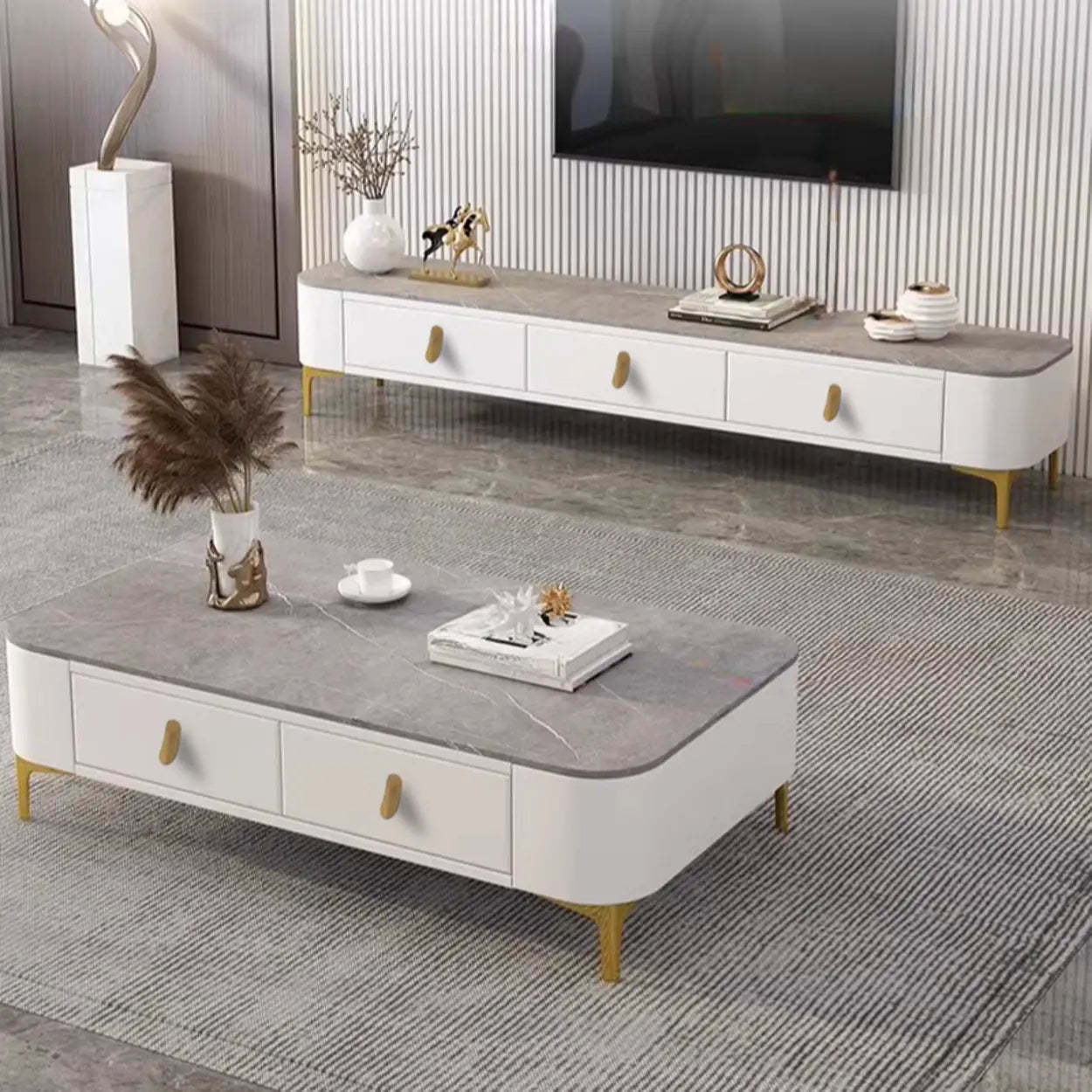 White-Gray Glass Rectangular TV Stand with Drawers — Grey