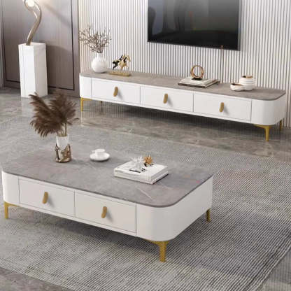 White-Gray Glass Rectangular TV Stand with Drawers — Grey