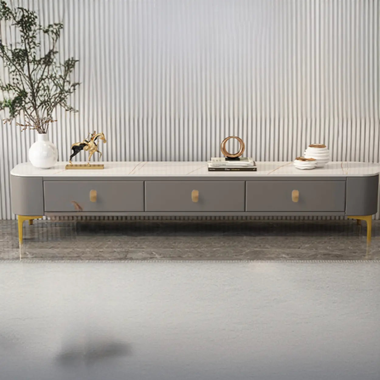 White-Gray Glass Rectangular TV Stand with Drawers — White/Orange