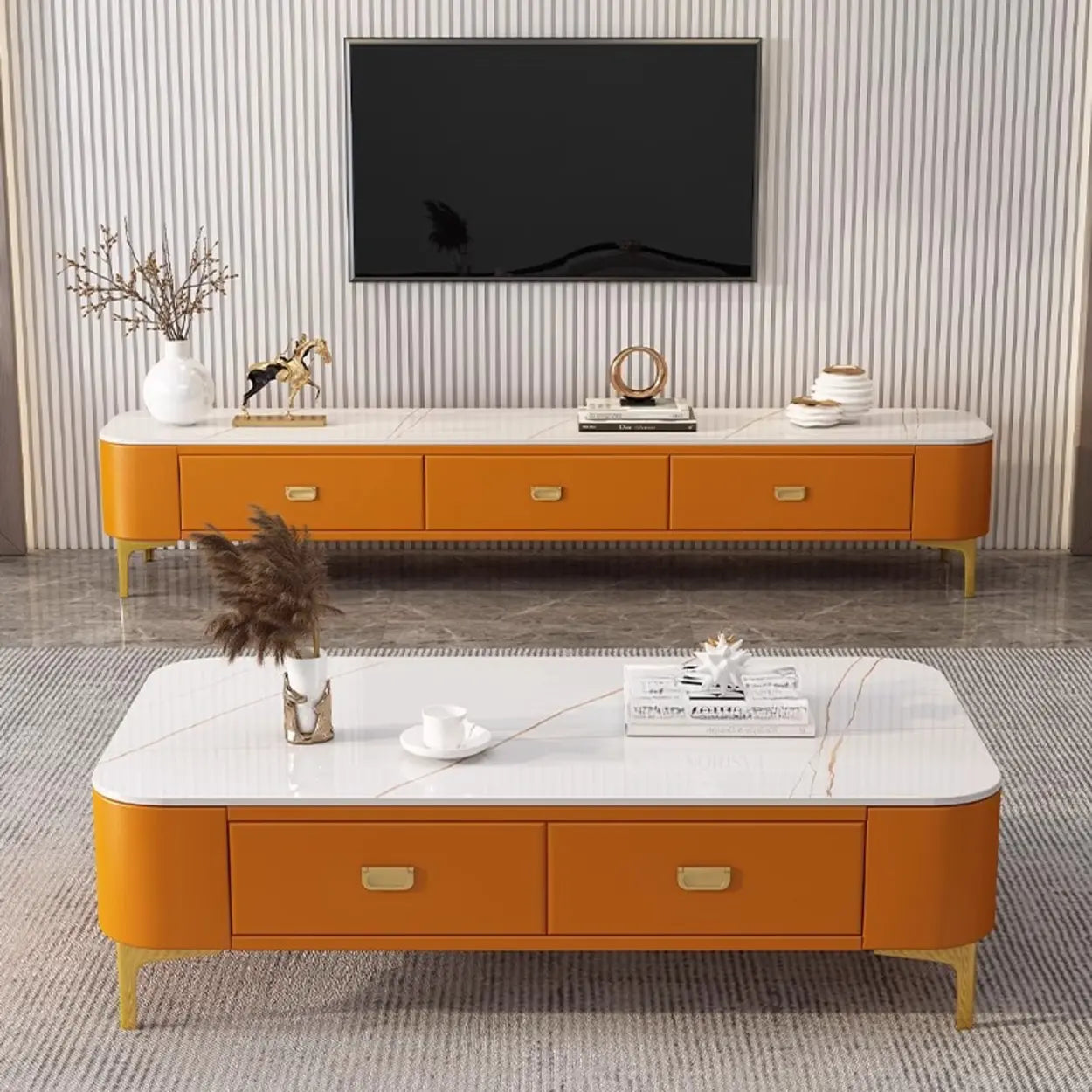 White-Gray Glass Rectangular TV Stand with Drawers — Warm White