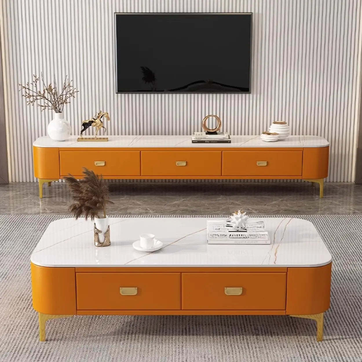 White-Gray Glass Rectangular TV Stand with Drawers — Warm White