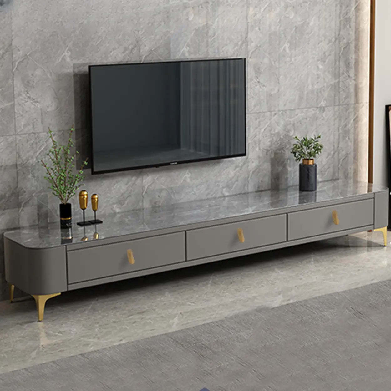White-Gray Glass Rectangular TV Stand with Drawers — Warm White