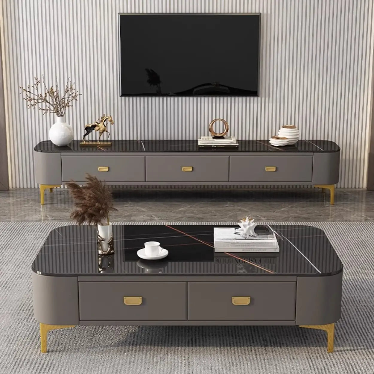 White-Gray Glass Rectangular TV Stand with Drawers — Warm White