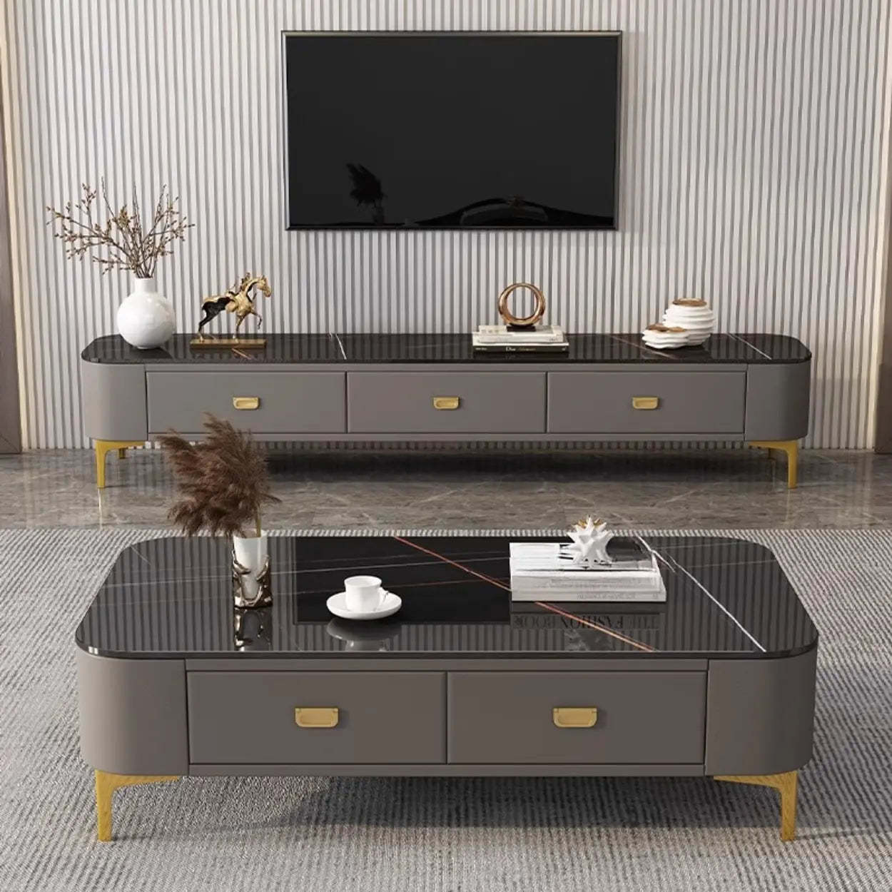 White-Gray Glass Rectangular TV Stand with Drawers — Warm White