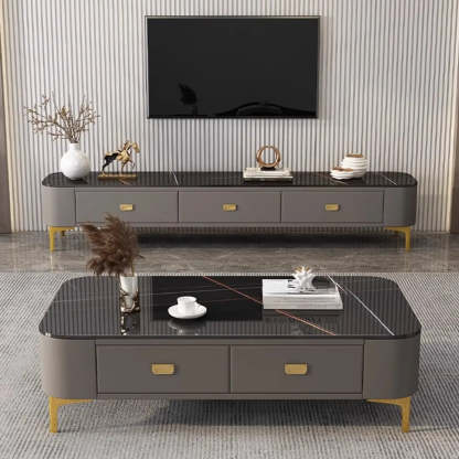 White-Gray Glass Rectangular TV Stand with Drawers — Warm White