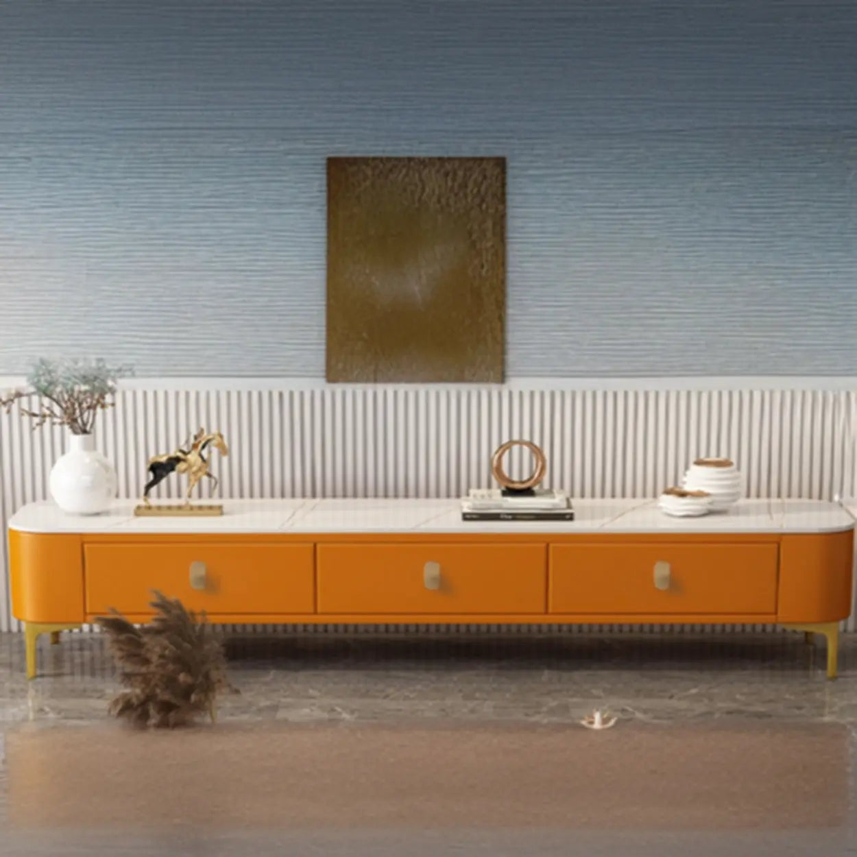 White-Gray Glass Rectangular TV Stand with Drawers — White-Gray