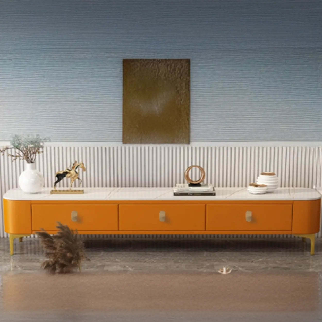 White-Gray Glass Rectangular TV Stand with Drawers — White-Gray
