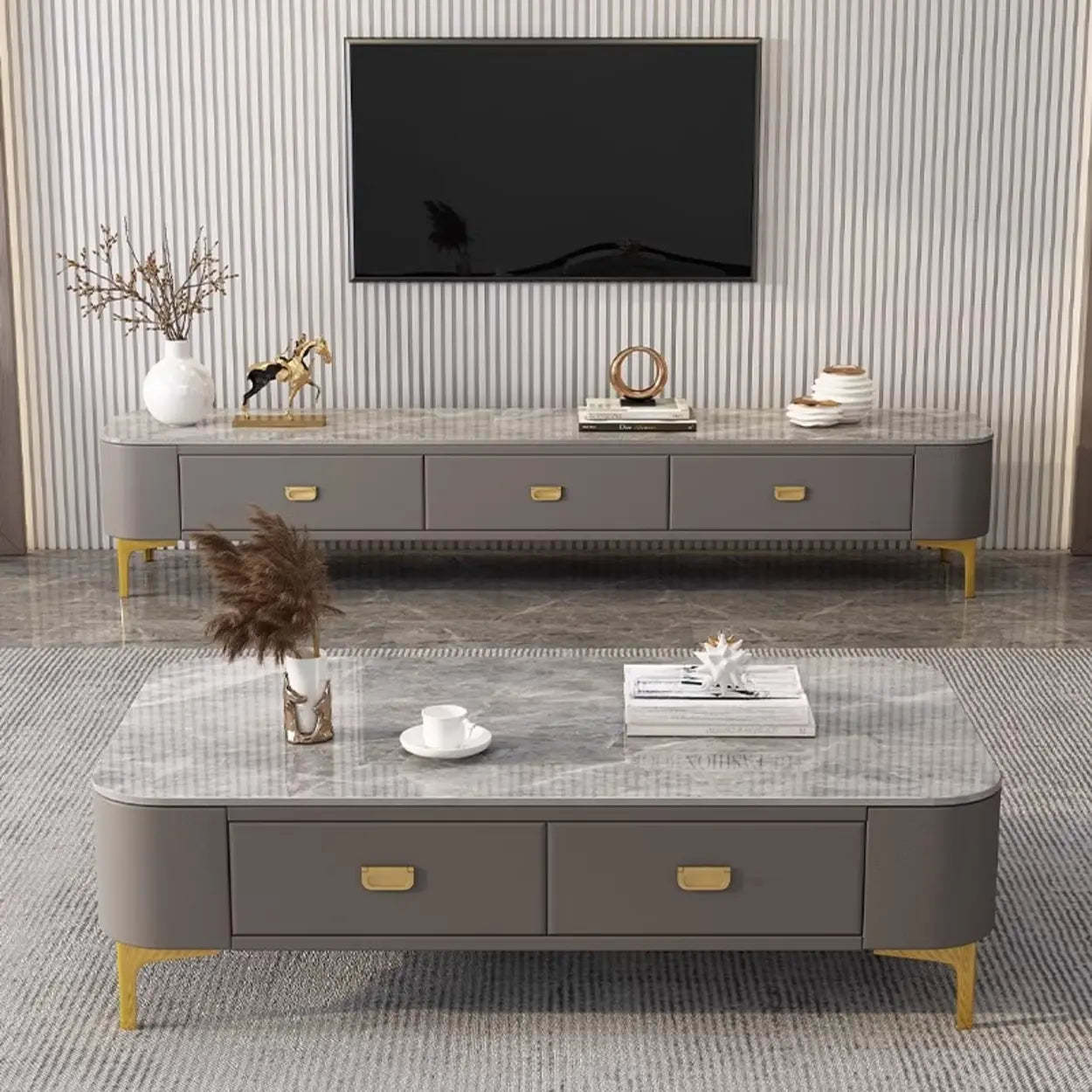 White-Gray Glass Rectangular TV Stand with Drawers — White-Gray
