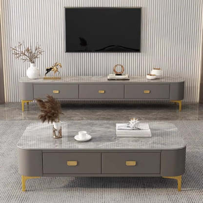 White-Gray Glass Rectangular TV Stand with Drawers — White-Gray