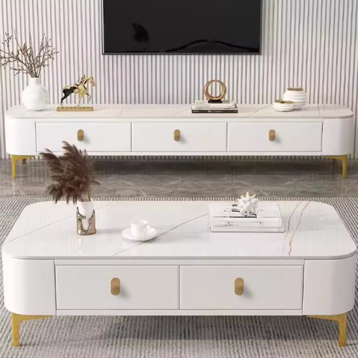 White-Gray Glass Rectangular TV Stand with Drawers — White-Gray