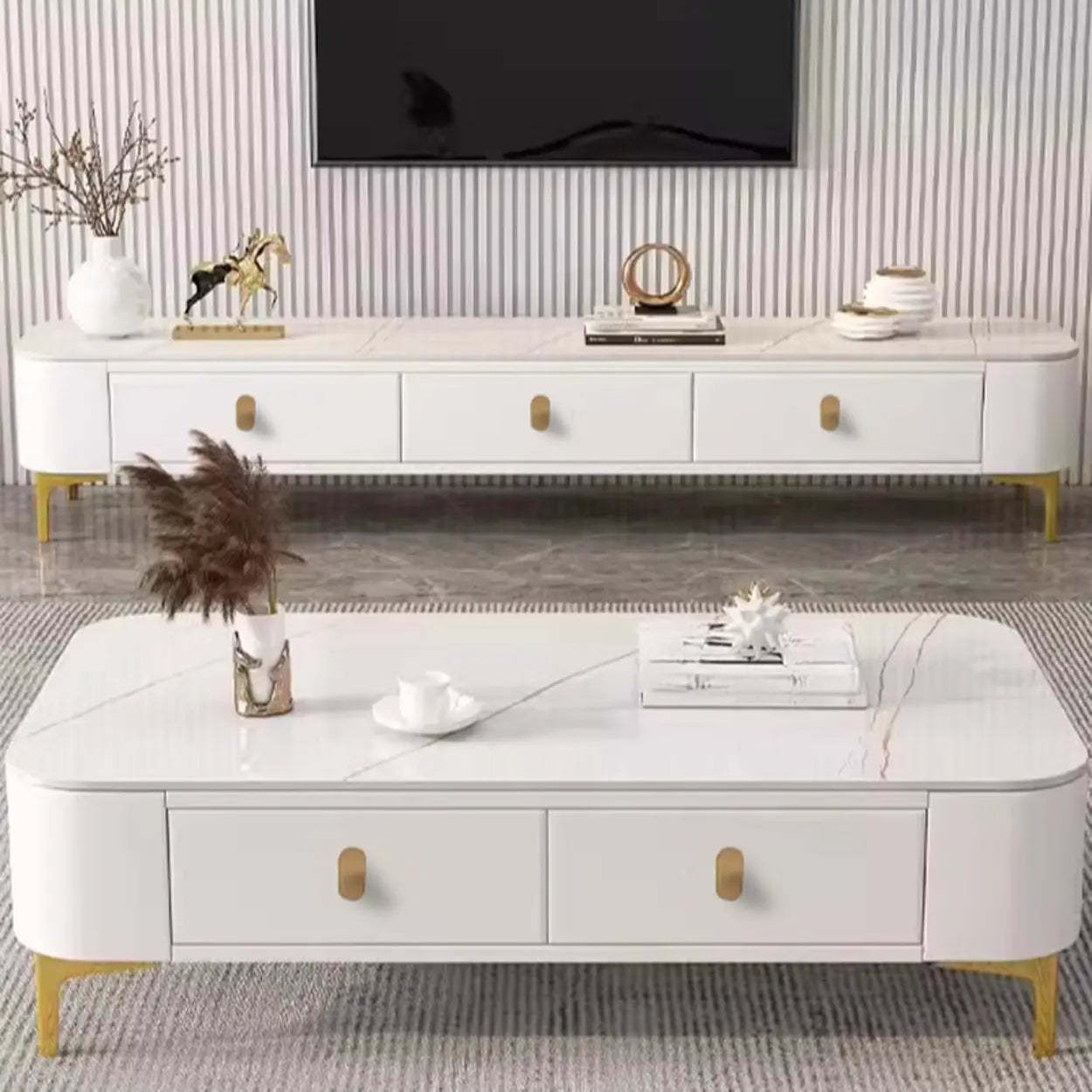 White-Gray Glass Rectangular TV Stand with Drawers — White-Gray