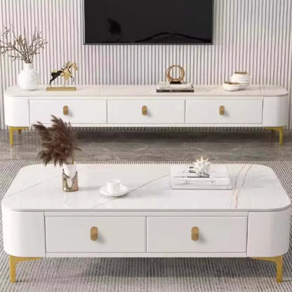 White-Gray Glass Rectangular TV Stand with Drawers — White-Gray