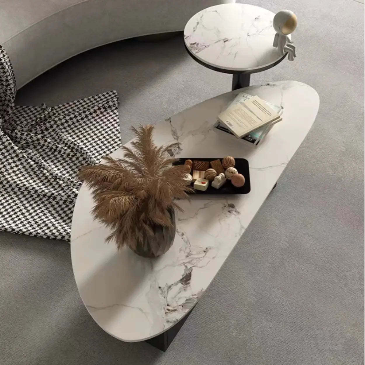 White-Gray Stone Triangle Coffee Table Drawers — White-Gray