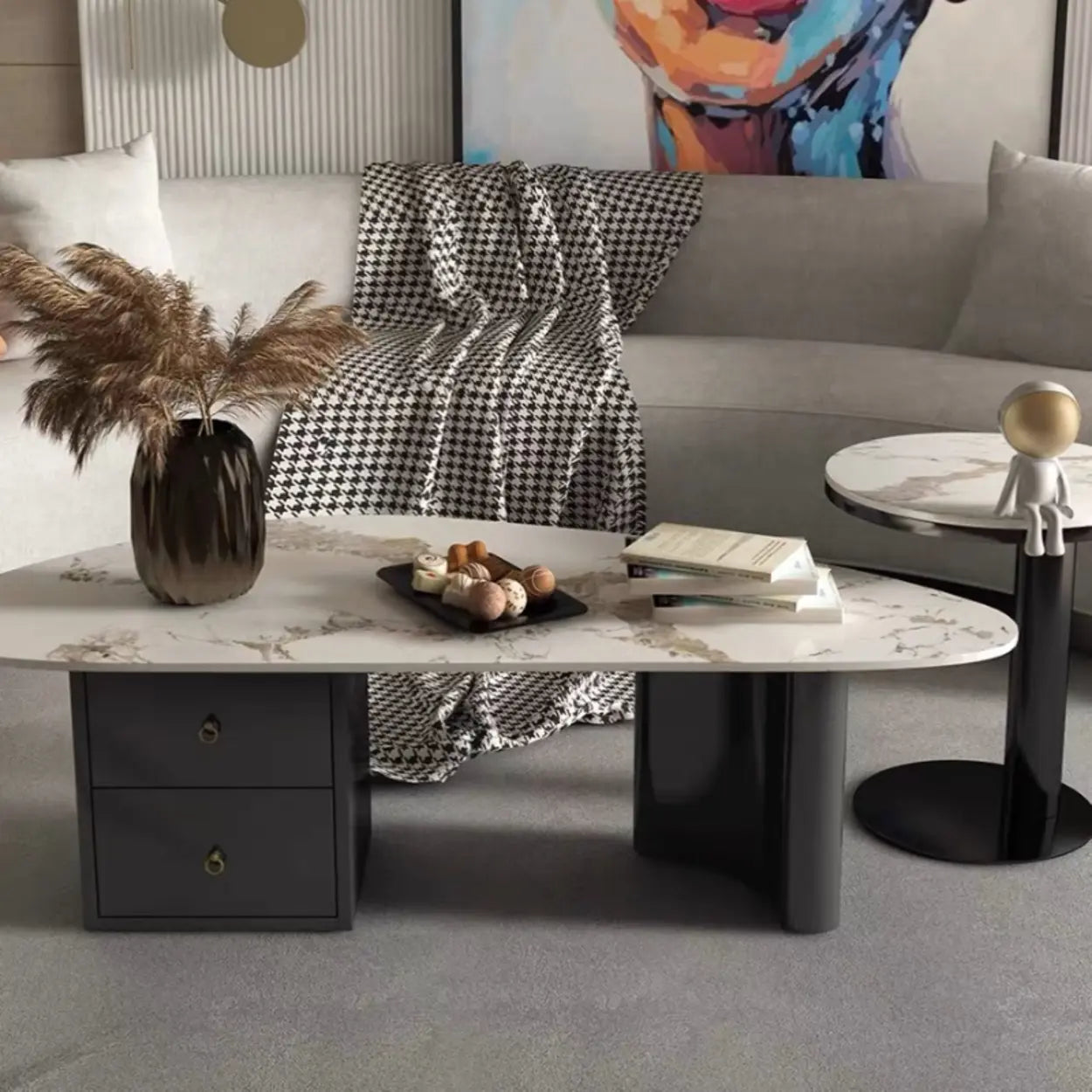 White-Gray Stone Triangle Coffee Table Drawers — Light Gray