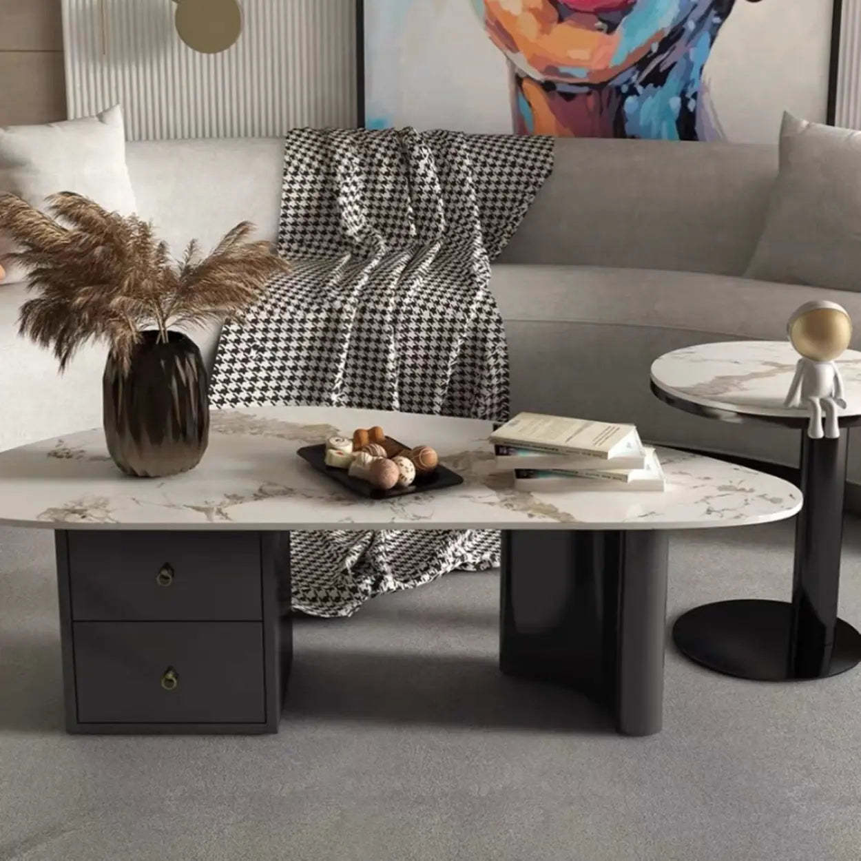 White-Gray Stone Triangle Coffee Table Drawers — Light Gray