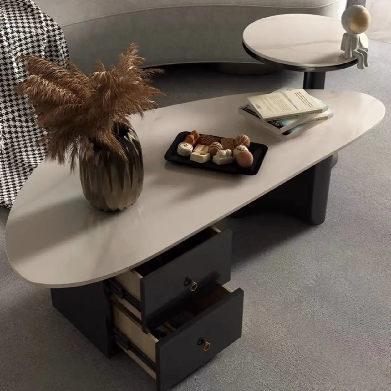 White-Gray Stone Triangle Coffee Table Drawers — White-Gray