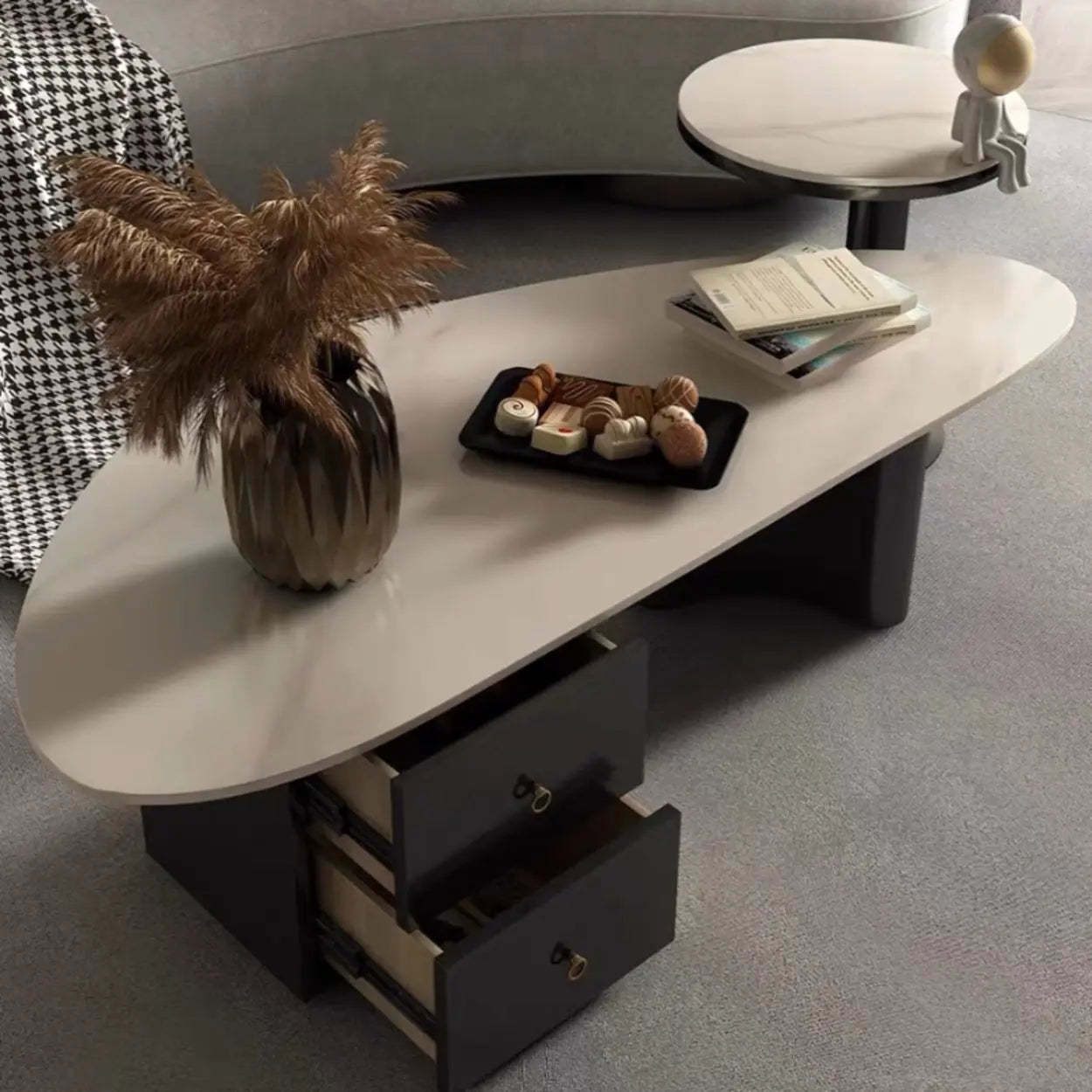 White-Gray Stone Triangle Coffee Table Drawers — White-Gray