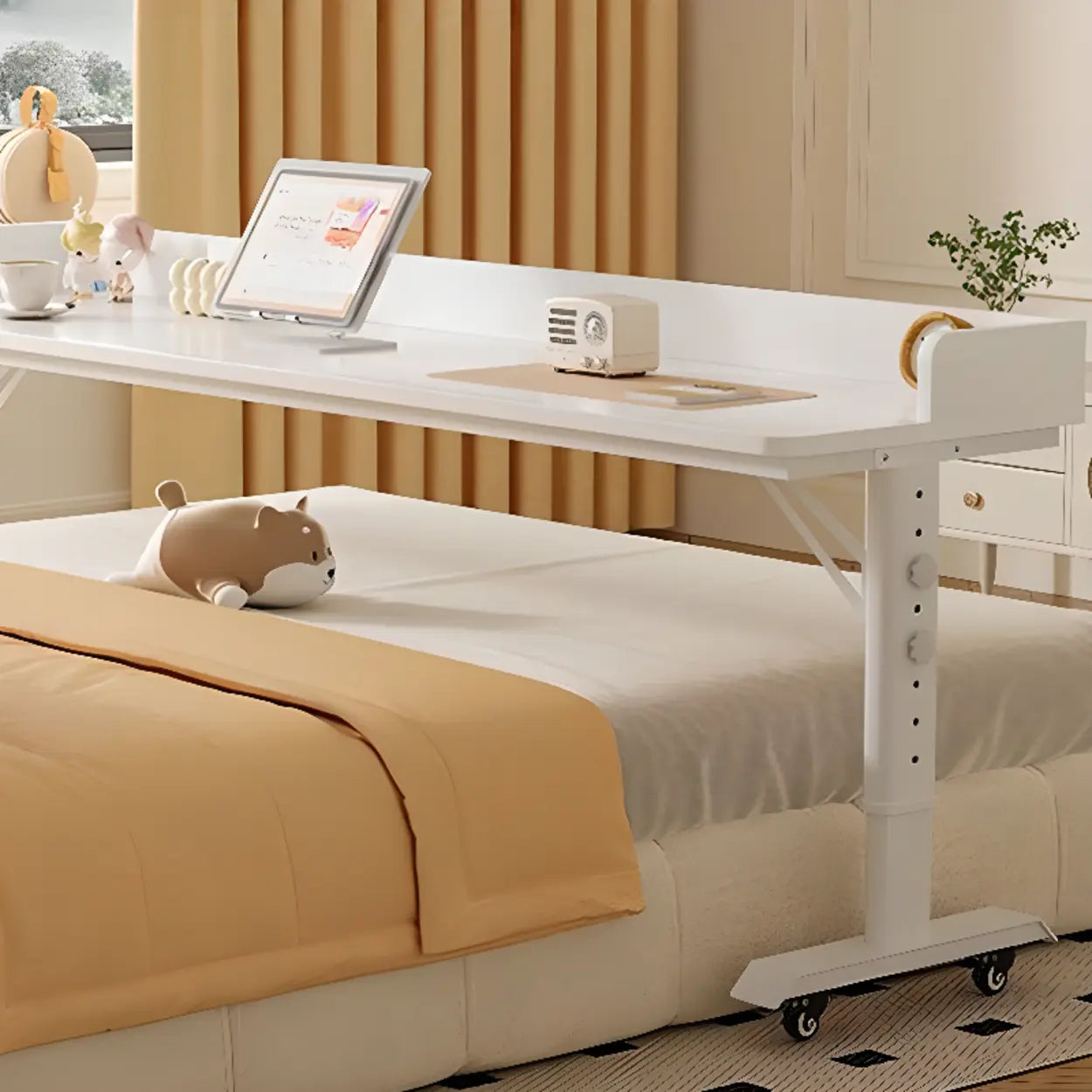 White Height-Adjustable Wood Computer Desk with Wheels